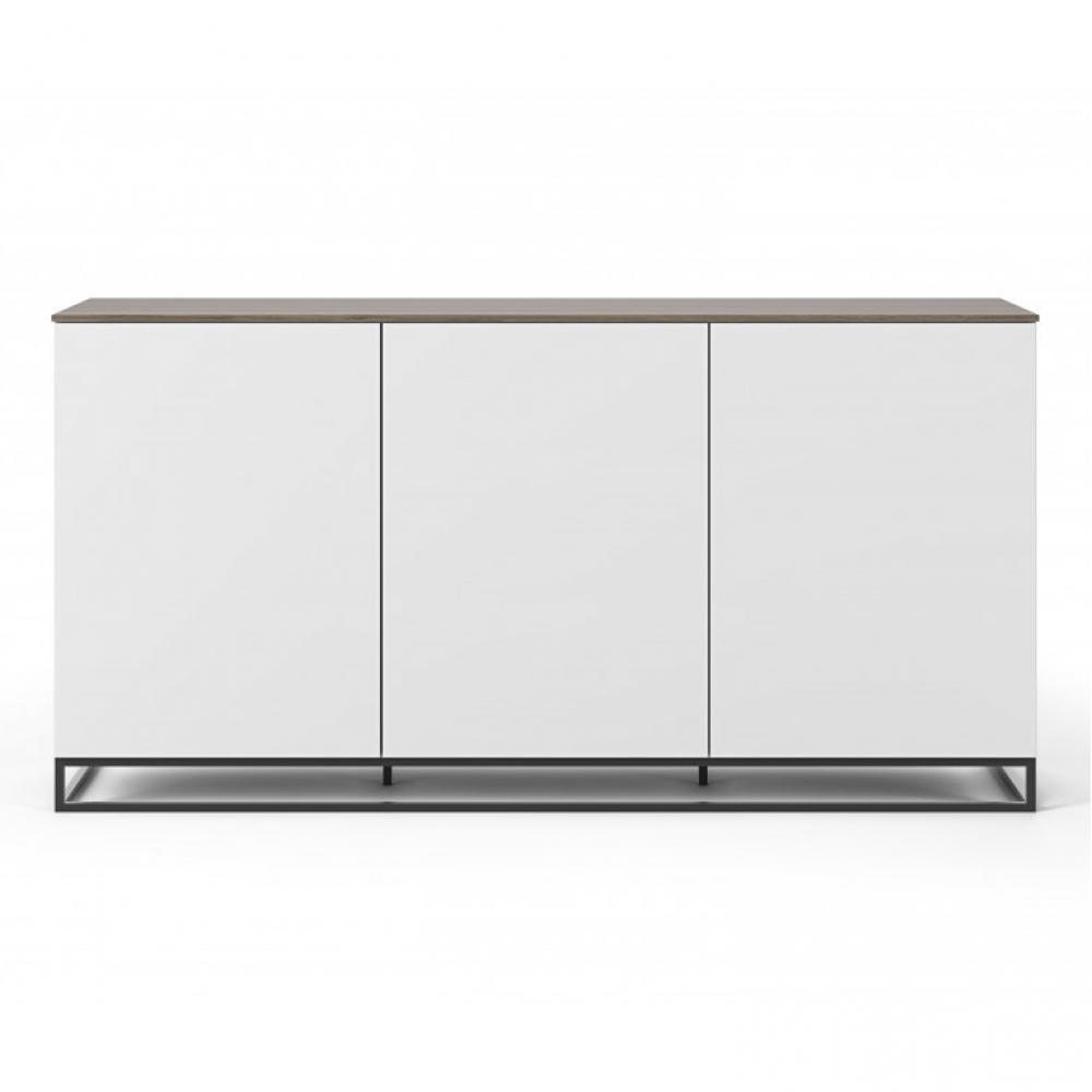Buffet WHITY blanc mat 180cm 3 portes Plateau noyer piètement noir